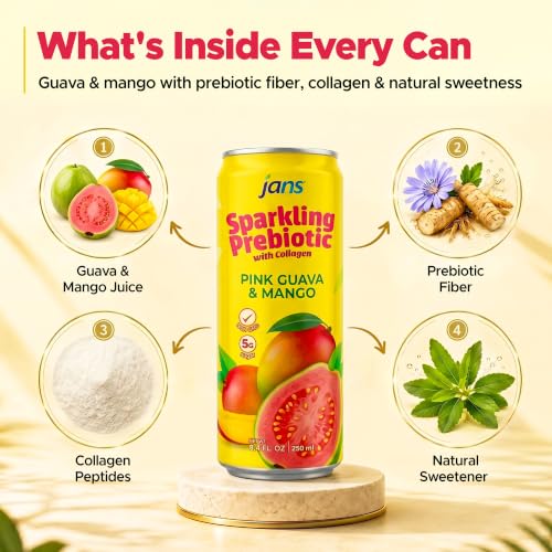 Image of Jans Sparkling Prebiotic & Collagen Soda Beverage, Pink Guava & Mango