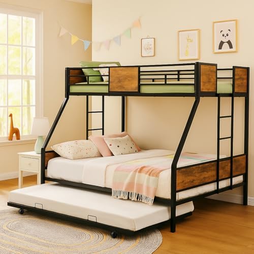 Triple Twin Over Full Bunk Beds for Kids, Metal Heavy Duty Triple Bunkbeds with Side Ladders, Sturdy Metal Frame and Protective Board Supports, No Box Spring Needed Space-Saving