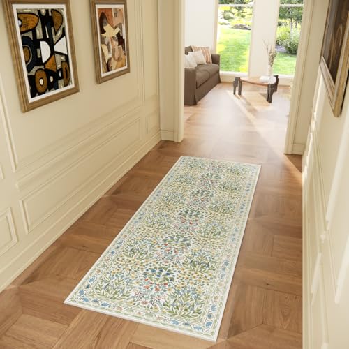 Image of Non-Slip Bathroom Runner Rug 2x6 Feet, Washable Long Kitchen Hallway Laundry Mat, Beige Green Vintage Floral Design