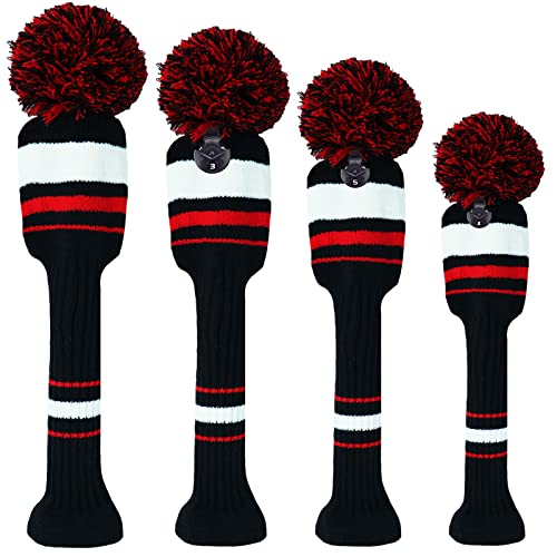 3 or 4 Pack Pom Golf Head Covers for Woods 1 3 5 Driver Fairway Hybrids Wood HeadCovers Set with Number Tag Knitted Golf Head Covers (Dark 1335)