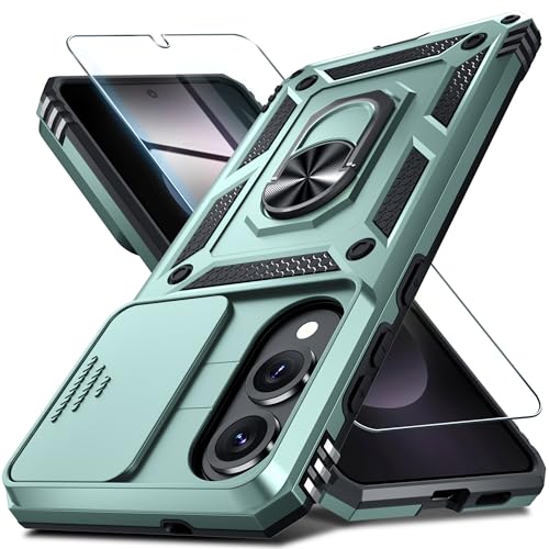 Janmitta Compatible with Samsung Galaxy S25 Edge Case Built in Slide Camera Lens Cover+Screen Protector+Finger Ring Holder Kickstand,Heavy Duty Shockproof Full Body Phone Cover,2025 Dark Green