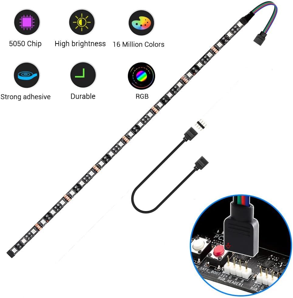 Vrabocry LED RGB PC Light Strip 1PCs 19.7in Computer Case LED Strip for 12V 4-Pin LED headers for ASUS Aura Sync Gigabyte RGB Fusion - Image 2