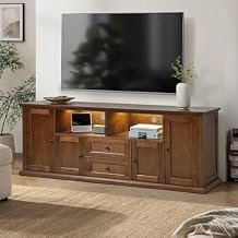 HULALA Home Farmhouse TV Stand with Charging Station, 75 LED Large Entertainment Center Console with Cabinet Storage & 2-Drawers, Walnut
