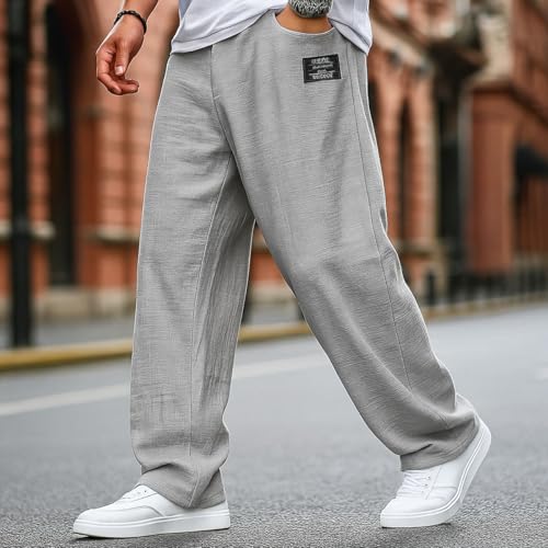 Mokaloha Mens Pants, Men's Fashion Casual Hemp Fabric Embroidered Logo Drawstring Loose Elastic Waist Trousers3