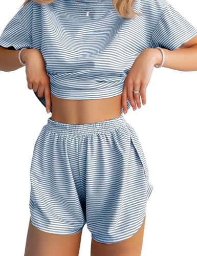 Image of JUSTFASHIONNOW Womens Pajama Sets Shorts Striped Print Two Piece Lounge Sets Crew Neck Sleepwear Split Shorts Set Soft Pjs