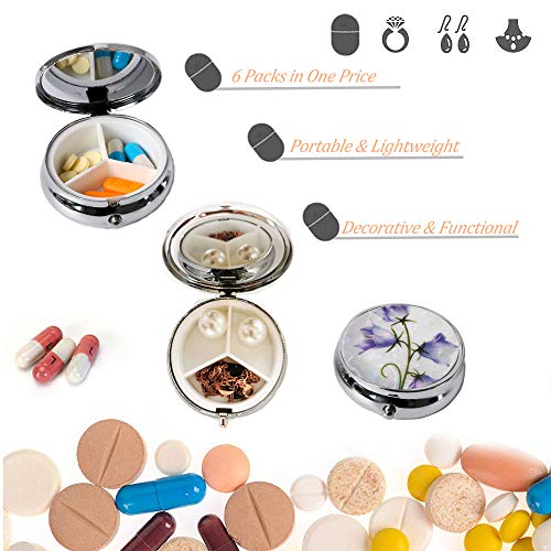 6Pcs Elegant Pill Box Case, Creatiee-Pro Portable Medicine Tablet Vitamin Holder Organizer with 3 Component for Purse Pocket Travel Gift - Practical & Fashionable(6 Patterns, 1.6 Inches)