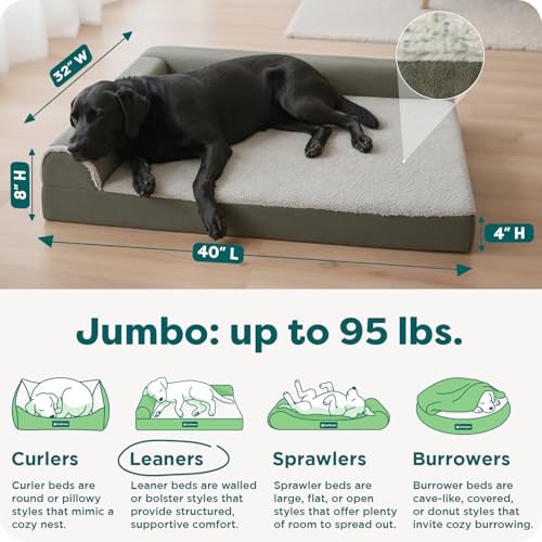 Image of FurHaven Cooling Gel Dog Bed for Large Dogs, L-Shaped Chaise with Cool Gel-Top Foam with a Solid Orthopedic Foam Base for Joint Support, Washable Cover, Jumbo XL, Plush Faux Fur & Suede, Dark Sage