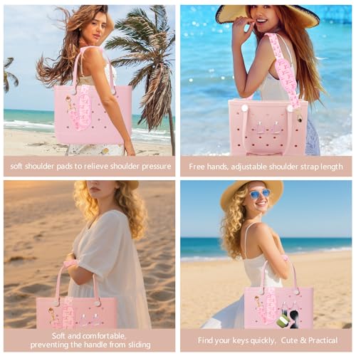 Image of LBU Strap for Bogg Bag Accessories with Handle Wrap, Detachable Shoulder Pad, 2Pcs Key Holders Adjustable Crossbody Shoulder Strap Wrap for XL /Medium /Small Rubber Tote Beach Bog Bags (Pink Bow)