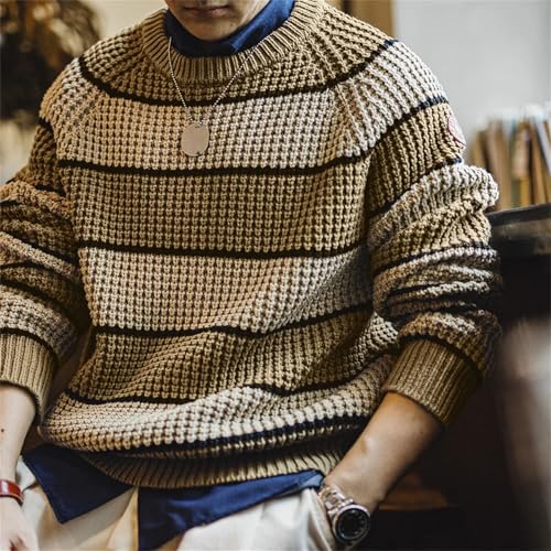 Men's Retro Striped Knit Sweater Round Neck Casual Pullover Long Sleeve Versatile Knitwear Streetwear Style Jumper3