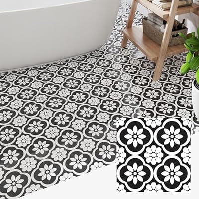 ZRJT Peel and Stick Floor Tile 30-Pcs Cover 30 Sq.Ft, Vinyl Flooring Tiles 12” x 12” Matte Self Adhesive Flooring Stickers Waterproof Removable for Renter, Bathroom Living Room, Black Flower
