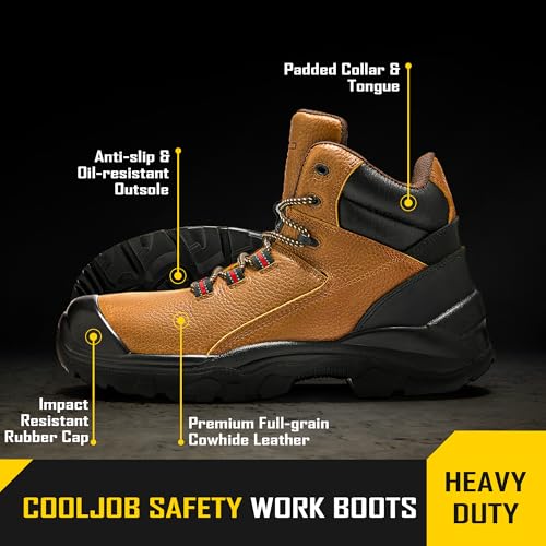 COOLJOB Steel Toe Work Boots for Men, Anti-spark Full Grain Leather Safety Shoes for Industrial Construction Workers, Soft Padded Lining, Non-slip PU Outsole, Impact Resistant Rubber Cap, Brown2