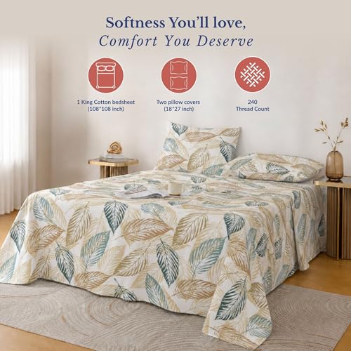 Image of Jaipur Weaves Cotton King Size Bedsheet 108x108 Super King, 100% Pure Cotton Bed Sheet with 2 Pillow Covers, 240 TC Soft Breathable Leafy Design Bedding - (Grey Olive, Super King)