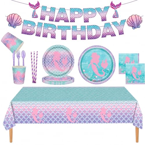 115 PCS Mermaid Birthday Party Supplies for Girls, Serves 16 - Mermaid Party Decorations Tableware Set with Plates Cups Napkins Cutlery Tablecloth Banner, Under the Sea Party Ocean Theme