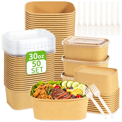 FEHHTO 50-Pack 30oz Disposable Meal Prep Containers with Lids and Forks Compostable Kraft Paper Bowls To Go Microwave & Freezer Safe Food Containers for Hot Soup Cold Dessert Lunch Takeout