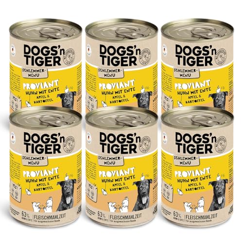 Dogs’n Tiger Adult Hundefutter, Proviant, Hundenassfutter mit Huhn, Ente, Apfel & Kartoffeln - ohne Getreide, Zuckerzusatz, künstliche Konservierungsstoffe, optimale Verträglichkeit, 6X 400g