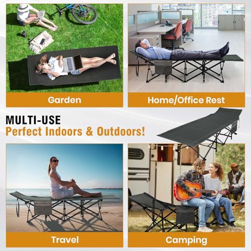 OVERMONT Klappbar Feldbett Faltbar Campingbett - Camping Bett 190 x 71 x 36 cm - bis 250kg Belastbar - 2400D Oxfordgewebe mit Seitentasche Tragetasche für Camping Garten Büro Schwarz Grau
