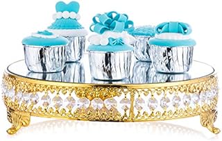 NUPTIO Gold Mirrored Tray for Cake: 12 Inch Cake Stand Large Wedding Dessert Display Stands Plate Metal with Crystal Beads for Birthday Baby Shower Party Cupcake Afternoon Tea Cakes Dessert Table