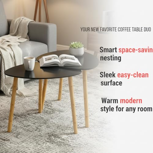Image of Modern Wooden Nesting Side Table Set of 2 for Living Room | Space Saving Sofa Side Table | Bedside End Table | Multipurpose Accent Tables for Home Bedroom Office (Black, Nesting)