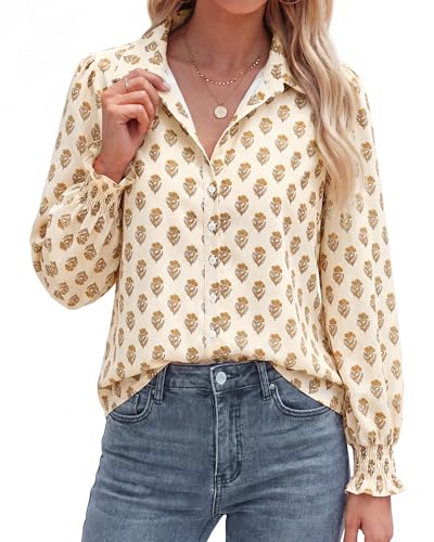 BTFBM Long Sleeve Blouses for Women, Floral V Neck Button Down Shirts, Smocked Cuffs, Business Casual Summer Outfits 2026(Floral Apricot Yellow, X-Large) — view 5