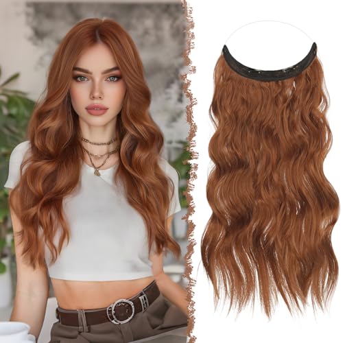 FESHFEN Extensiones Hilo Invisible Largo Ondulado Rizado Secret Extensión Invisible de Pelo sin Clips Sintética Postizos para Mujer, Rojo Cobre 50 cm