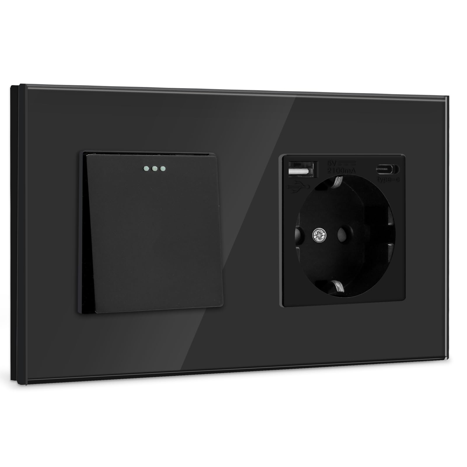 BSEED Lichtschalter mit Steckdose 1Fach Weg, Wandschalter 16A Schuko USB-Anschluss (Max. 2.1A) Typ-C-Port Schwarz, 157mm Physische Unterputz Steckdose