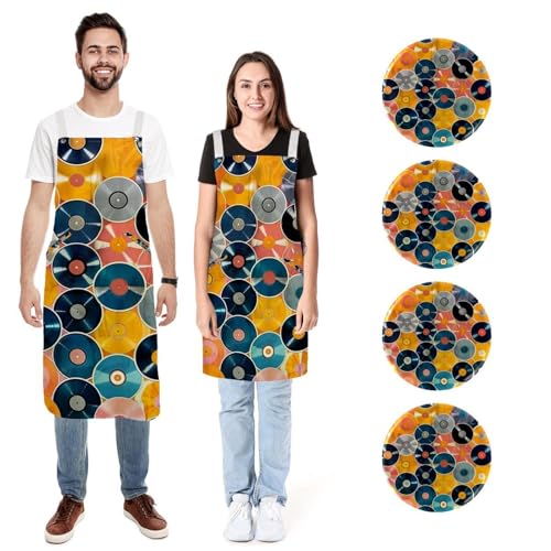 Tablier en lin motif disque vinyle coloré pour vos repas en musique