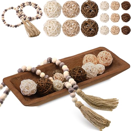 Teenyyou 17 Pcs Wooden Centerpiece Table Decorations Wood Dough Bowl Wicker Rattan Balls Beads String with Tassel Natural Decorative Tray Rustic Bowl Filler for Dining Room Kitchen(Brown)
