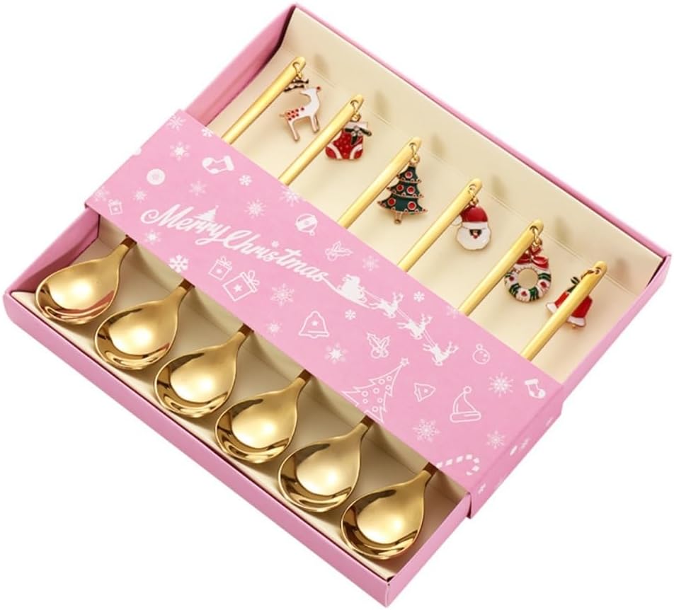 Spoons 6-Pack Christmas Stainless Steel Spoon Creative Simple Pendant Spoon Coffee Spoon Dessert Spoon Cake Spoon (Color : Gold, Size : 17cm*15.5cm*2cm)