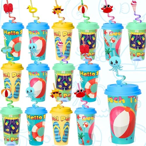 FZR Legend 24Pcs Beach Pool Birthday Party Decorations Cups with Summer Silly Straws 16OZ Pool Reusable Plastic Cups with Lids Summer Party Favors Supplies Decor for Kids