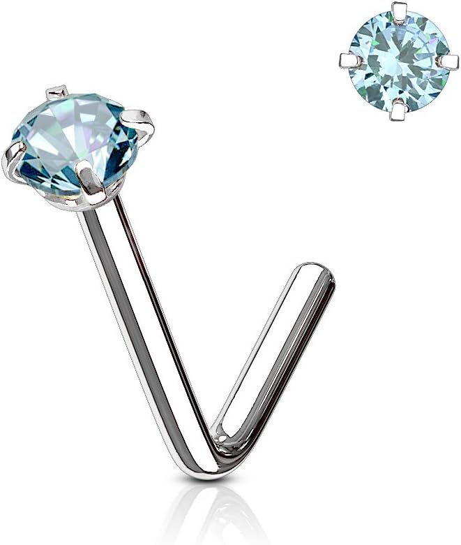 Round CZ L Bend Nose Stud Ring 316L Surgical Steel (CHOOSE SIZE & COLOR)