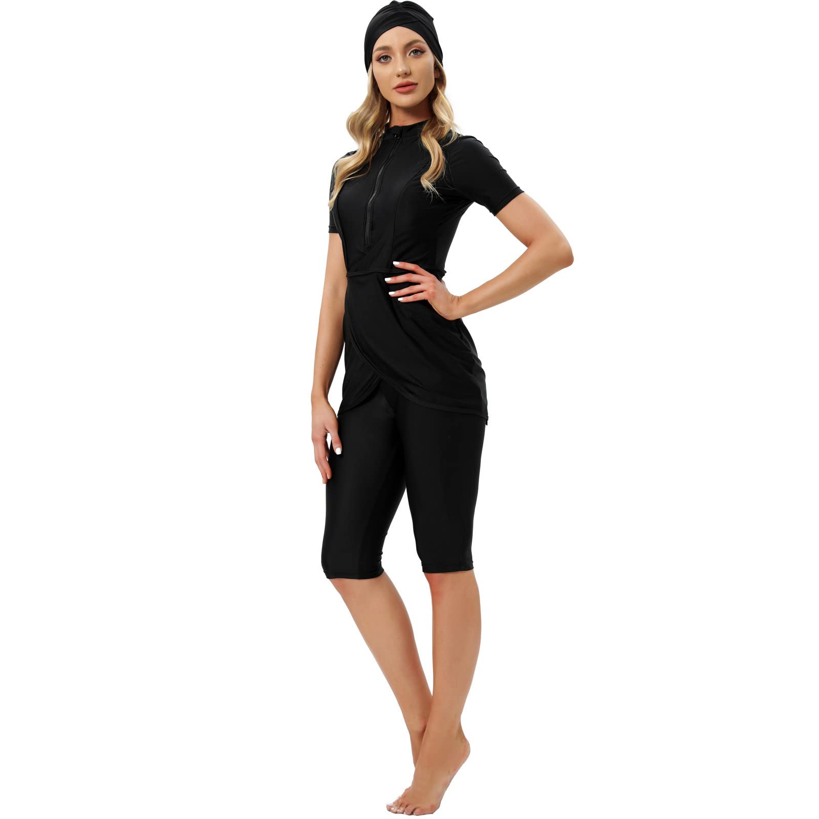 Odizli Maillot de bain musulman Modest pour femme - Maillot de bain islamique à manches courtes + short de bain + hijab - Maillot de bain 3 pièces