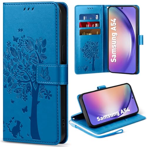 EASDNB Handyhülle für Samsung Galaxy A54 5G Hülle Flip Lederhülle Wallet Case mit [3 Kartenfächer] [Magnet] [Ständer] Premium Leder Prägung Schutzhülle Klapphülle für Samsung Galaxy A54 Blau