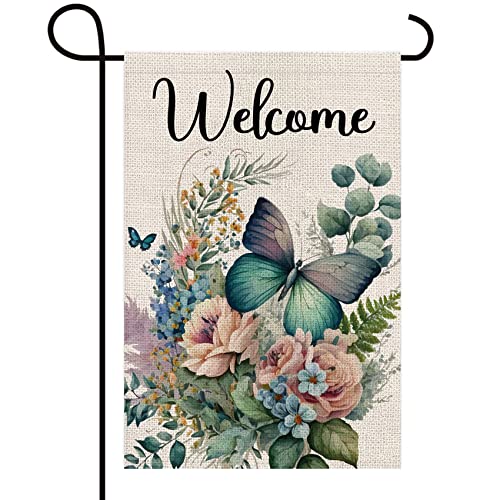 Texupday Welcome Watercolor Floral Butterfly Double Sided Vertical Burlap Garden Flag Spring Summer Rustic Farmhouse Holiday Party Outdoor Yard Banner 12" X 18" #TOP26