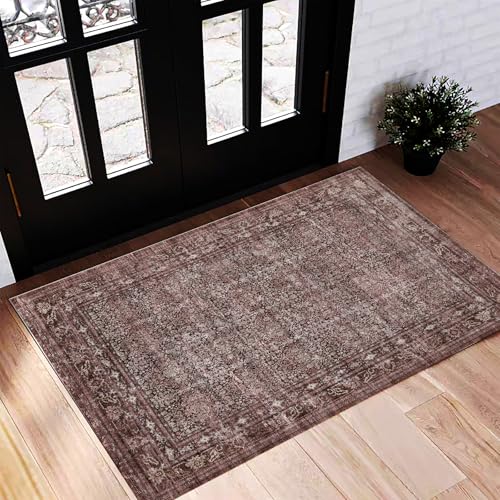 Washable Area Rug 2'x3' Door Mat Vintage Distressed Doormat Indoor Entrance Traditional Thin Rug Floral Print Non Slip Carpet for Kitchen Bathroom Bedroom Living Room