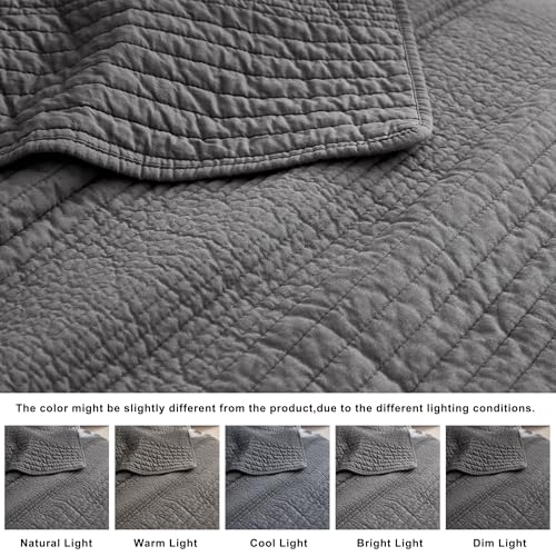 Image of PALASSIO Striped Dark Grey 100% Cotton Quilt California Cal King Size Bedding Sets, Oversized Lightweight Channel Pick Stitch Textured Bedspread Soft Farmhouse Country Coverlet for All Season, 2 Shams