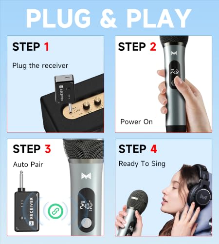 Image of Wireless Microphones for Karaoke Machine, 2 Rechargeable Metal Dynamic Microphones with Receiver, 200FT Stable Wireless Range, 40H Battery Life, Plug and Play for PA Speaker, Amplifier, Church, Party