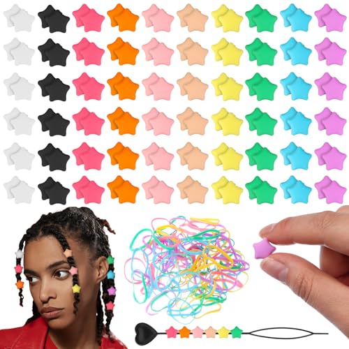 Silicone Hair Beads Kit 100 Pcs Star-Shaped Rubber Beads for Braids with Colorful Hair Elastics,Beading Needle,Clear Box,Hair Beads for Women, Girls, DIY Hair Styling Accessories