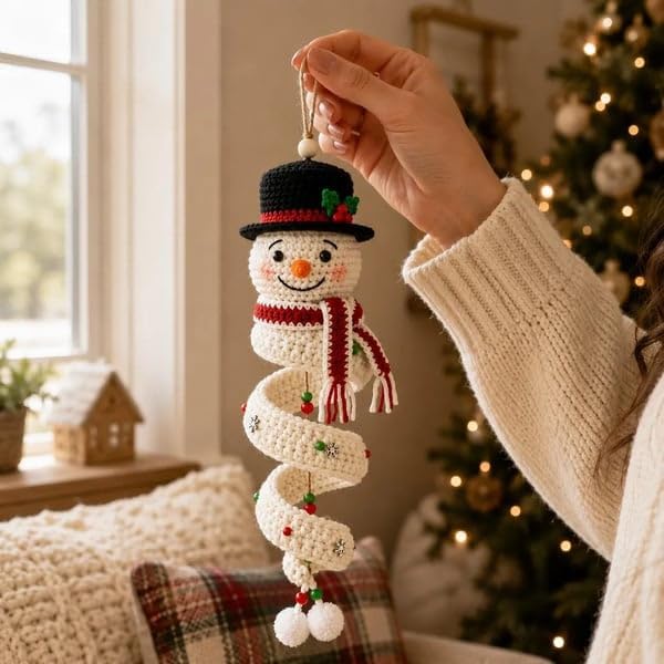 Crochet Snowman Spiral Ornament DIY Kit,Crochet Christmas Tree DIY Kit,Beginner-Friendly Crochet Craft Set,Handmade Hanging Decor for Christmas Tree Holiday Home Decor (Snowman) - 3