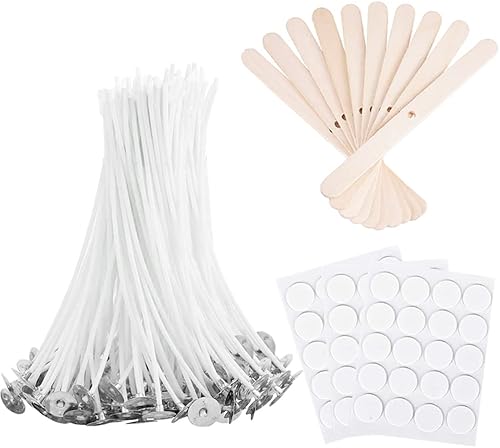 Miniatura 10 de Mechas de velas a granel de 6 pulgadas, 100 piezas con 60 calcomanías de mecha de vela y 10 unidades de dispositivo de centrado de mecha de vela de