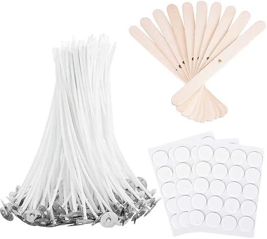Antunihood Bulk Candle Wicks 100 Pcs with 60Pcs Candle Wick Stickers and 10 Pcs Wooden Candle Wick Centering Device for Soy Beeswax Candle Making (4inch)