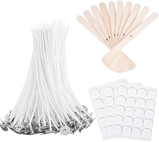 Antunihood Bulk Candle Wicks 100 Pcs with 60Pcs Candle Wick Stickers and 10 Pcs Wooden Candle Wick Centering Device for Soy Beeswax Candle Making (4inch)