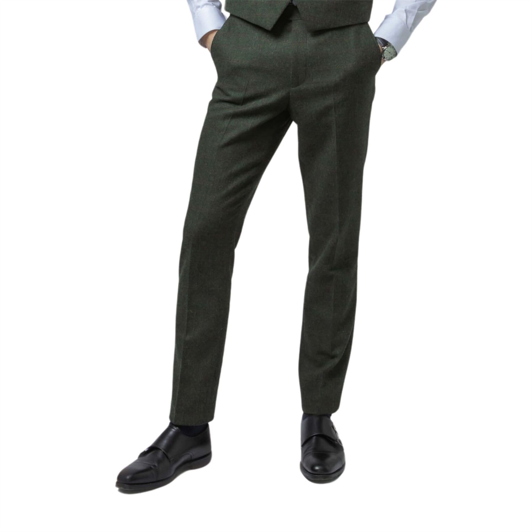 TruClothing Pantaloni da uomo in misto lana verde oliva a spina di pesce pantaloni formali in tweed