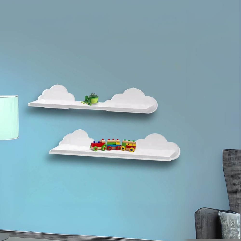 HomeZoneWhite Wooden Floating Shelves Wall Mounted Shelving Bedroom, Bathroom, Nursery Novelty Kids Shelving Storage Unit Hanging Shelves Indoor Home Decor Decorative Shelving (2pc Cloud Shelves)