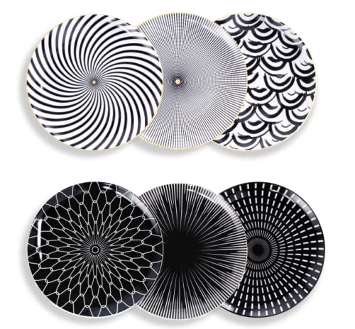KELINGOSet of 6 Porcelain Dinner Plates Black Pattern, 20CM/8 Inch, Pizza Pasta Serving Plates Dessert Dishes