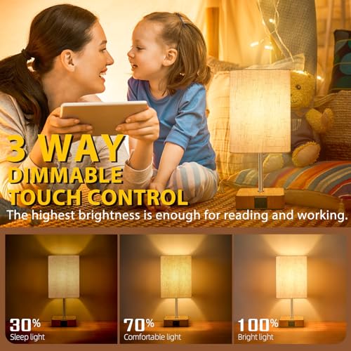 Touch Control USB Table Lamp, Dimmable Nightstand Lamps with USB Charging Ports, Small Touch Lamp with Wood-grain Base ＆ Beige Fabric Shade for Bedroom, Living Room, Children's room, Bulb Included