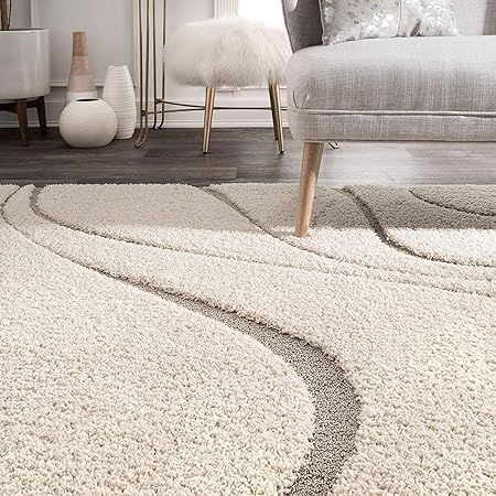 Image of Shaggy Rug for Bedroom Living Room 3X5 FEET Fluffy Plush Area Carpet with Non Slip Backing, Modern Cozy Floor Rug for Home Decor and Comfort (Ivory /Wave)