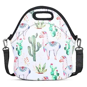 Violet Mist Insulated Neoprene Lunch Bag Thermal Tote Shoulder Strap Waterproof Outdoor Picnic Large Capacity Travel Handbag Lunch Box, Cactus Alpaca 1
