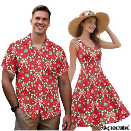Image of Dreaweet Summer Dresses for Women A-Line Sleeveless Flowy Sun Dresses,Men's Casual Button-Down Shirts,Couple Matching Outfits