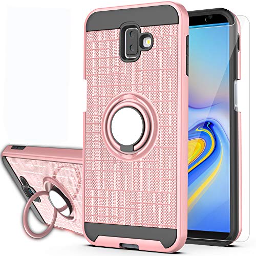 Galaxy J6 Plus Case with HD Screen Protector, YmhxcY 360 Degree Rotating Ring & Bracket Dual Layer Shock Bumper Cover for Samsung Galaxy J6+ Plus 2018-ZH Rose Gold