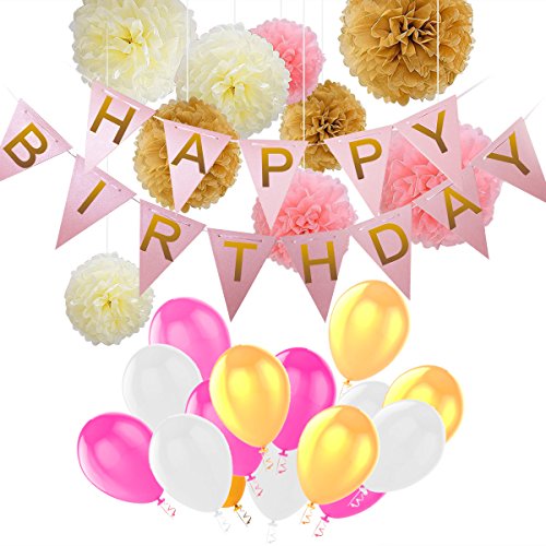 Pomisty Décorations Anniversaire, Anniversaire bannière Décoration Fête 40 Pcs en 1 * Banderole en Triangle Happy Birthday+ 9 Pom Poms + 30 Ballons pour Filles, garçons et Adultes (Rosa)
